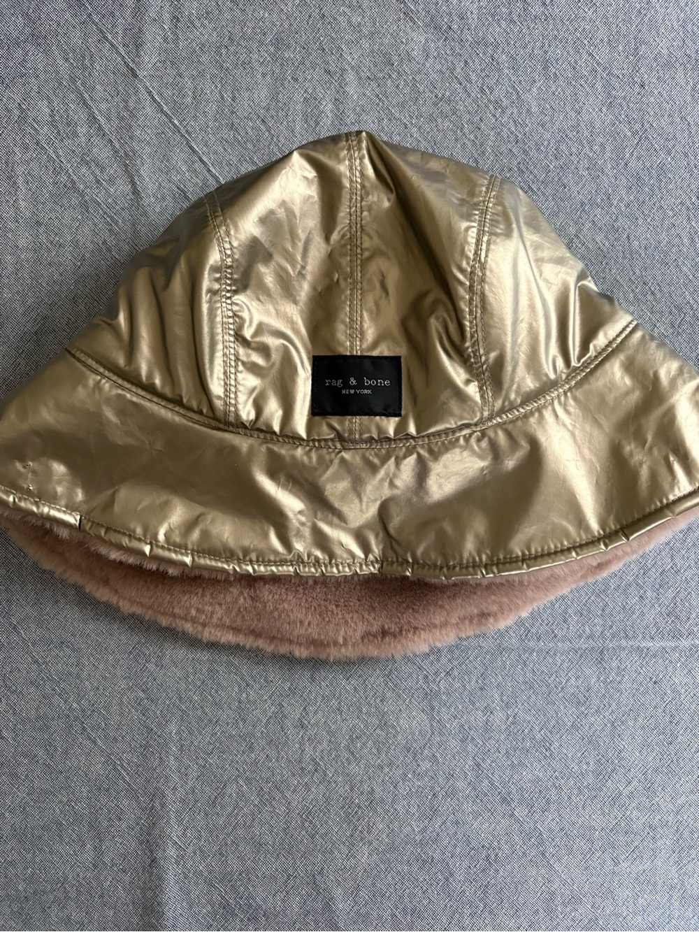 Rag and Bone Addison Revival Bucket Hat Reversible Pink Print Faux Fur & gold